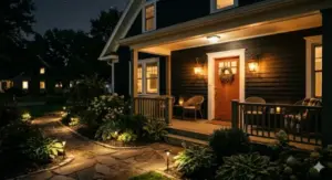 Well-lit front porch with landscape lighting creating inviting curb appeal for a home showing.