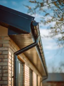 Clean gutters and downspouts directing rainwater away from a home's foundation.