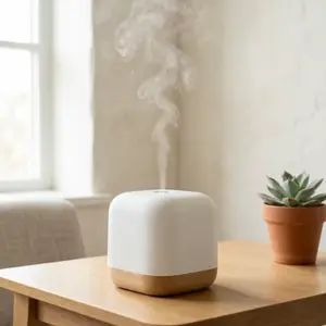 Essential oil diffuser creating a clean, welcoming atmosphere before a home showing.