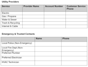 Printable utility provider and emergency contact sheet for new homeowners.