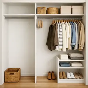 Organized walk-in closet with matching hangers and neatly arranged clothing for home staging.